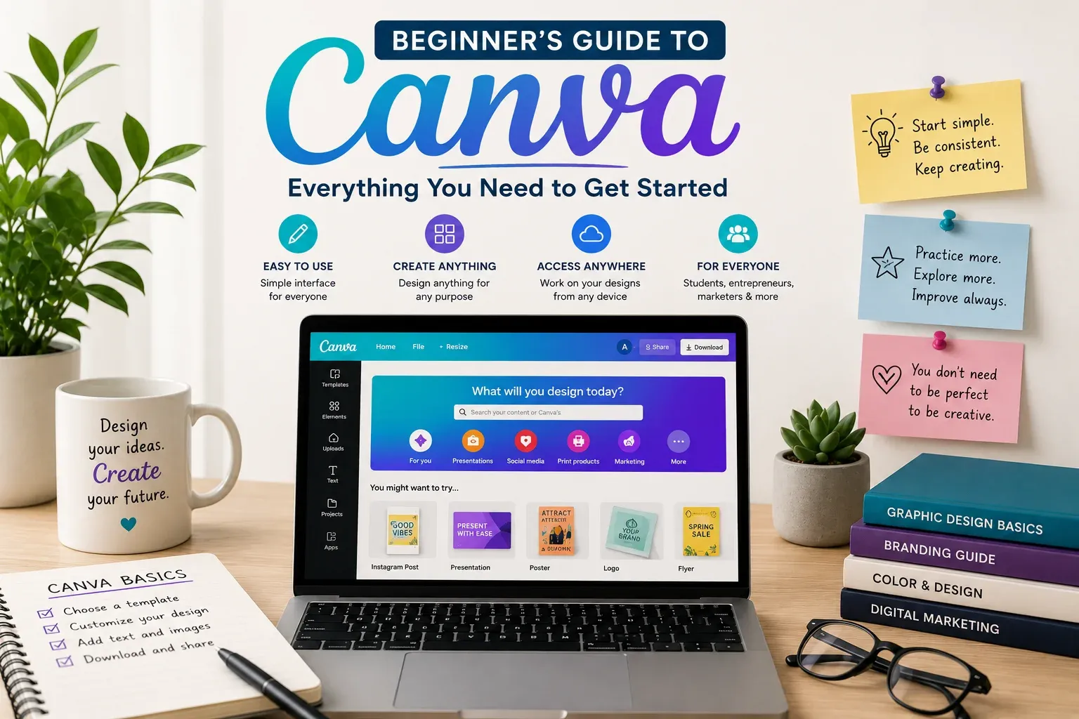 Beginner's Canva guide on a desk 